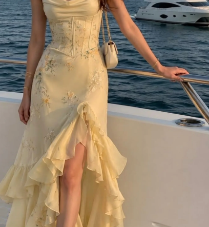 Spaghetti Straps Satin Floral Chiffon Ruffle Mermaid Prom Gown,Yellow Long Party Dress SP2544