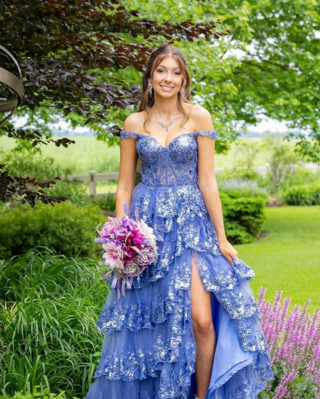 Charming Off The Shoulder Blue Tulle Sequin Layered Mermaid Long Wedding Guest Dress Formal Birthday Evening Gown SP1098
