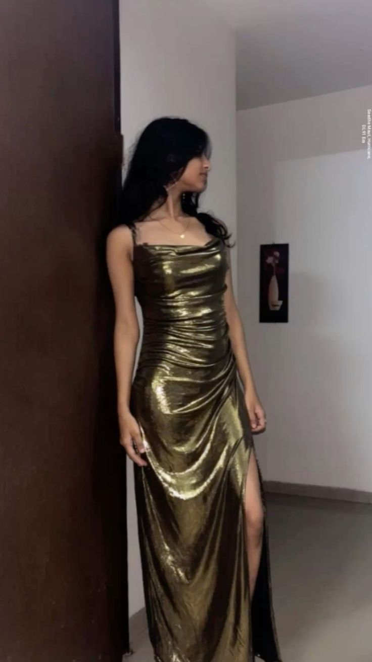 Stylish Spaghetti Strap Olive Green Satin Slit Long Wedding Guest Dress Evening Dress SP1299