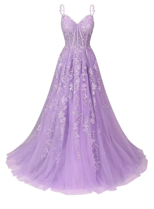 Tulle Lace Applique Prom Dress Long for Women Spaghetti Straps A-Line Evening Dress Y6196