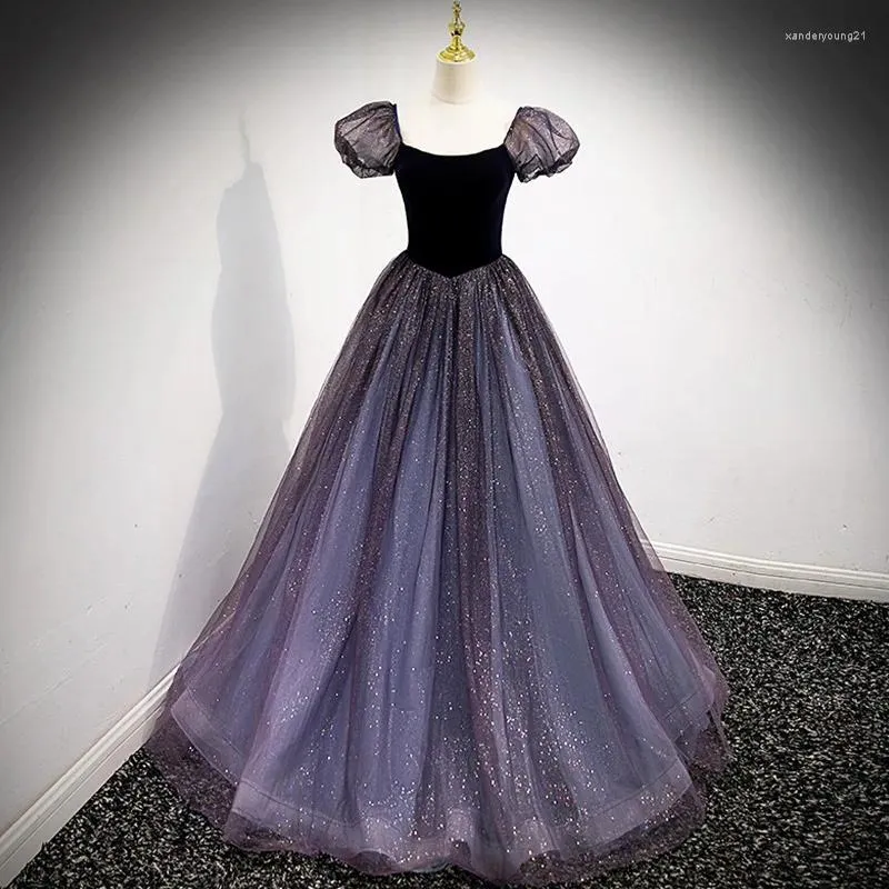 Purple Tulle Short Sleeve Formal Dress, Cute A-Line Evening Dress Y4291