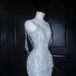 Dream Blue Tulle Beaded Chain V Neck Long Mermaid Prom Dress Evening Dress Y8665
