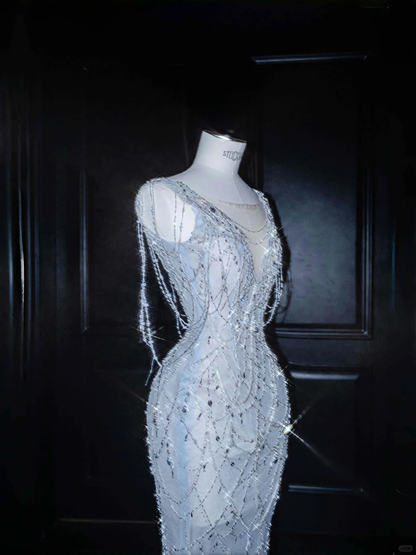 Dream Blue Tulle Beaded Chain V Neck Long Mermaid Prom Dress Evening Dress Y8665
