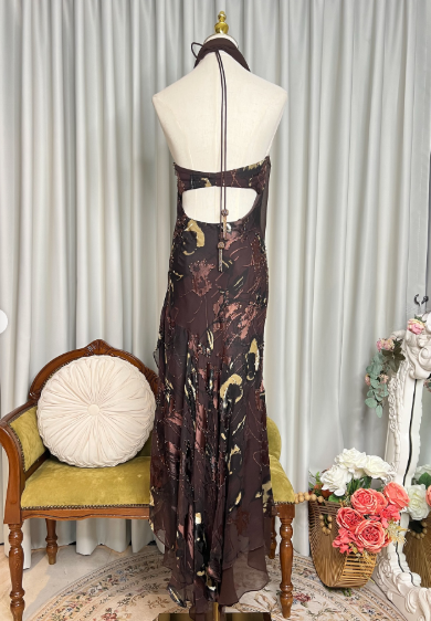 Vintage Halter Chocolate-Brown Chiffon Floral Prints Beaded Mermaid Party Dress Formal Prom Gown With Ribbon SP626