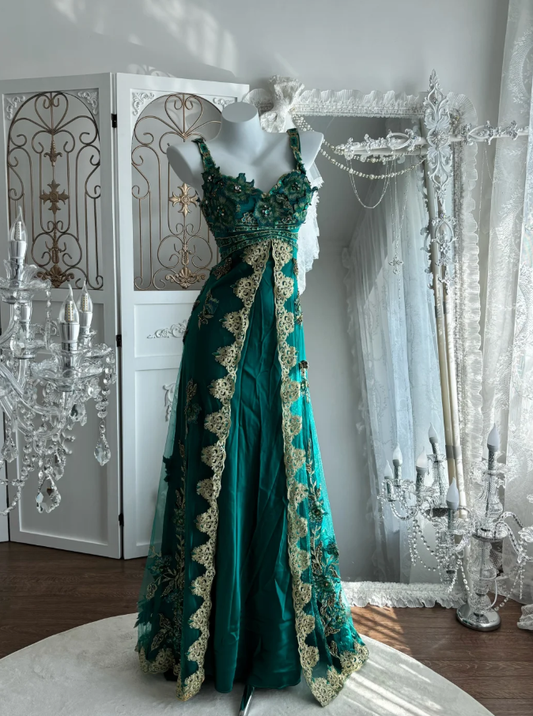Vintage Dark Green Embroidery Appliques Mermaid Long Wedding Guest Dress, Formal Birthday Party Dress With Beaded SP1468