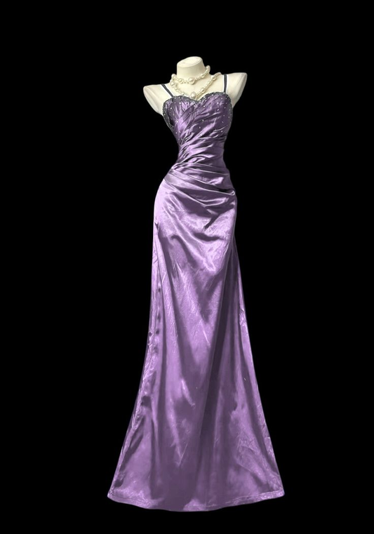 Elegant Spaghetti Straps Lavender Beaded Satin Pleated Mermaid Long Prom Dress Birthday Party Dress SP1752