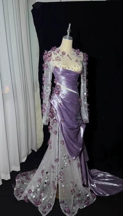 Charming Purple Satin Tulle Appliques Beaded Mermaid Party Dress Pink Long Prom Dress SP4219