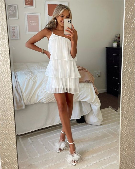 White Pleated One-shoulder Graduation Dress,White Short Homecoming Dress Y1846