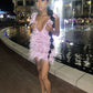 Deep V Neck Pink Party Dress,Pink Short Homecoming Dress Y1876