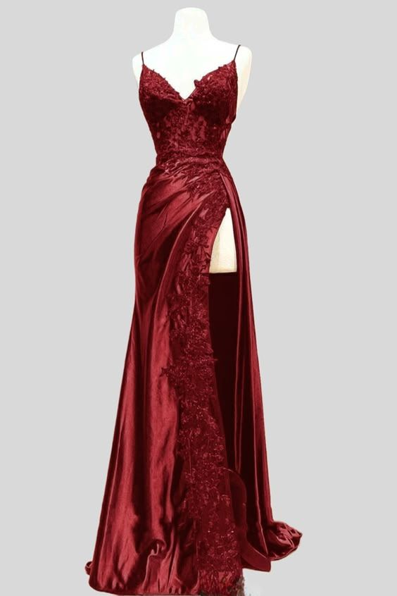 Elegant Burgundy Straps Appliques Mermaid Long Slit Slit Prom Dress  Y7711