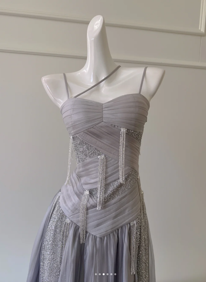 Classy Purple Sequins Tulle Beaded Tassel Prom Dress A Line Evening Dress Y8586