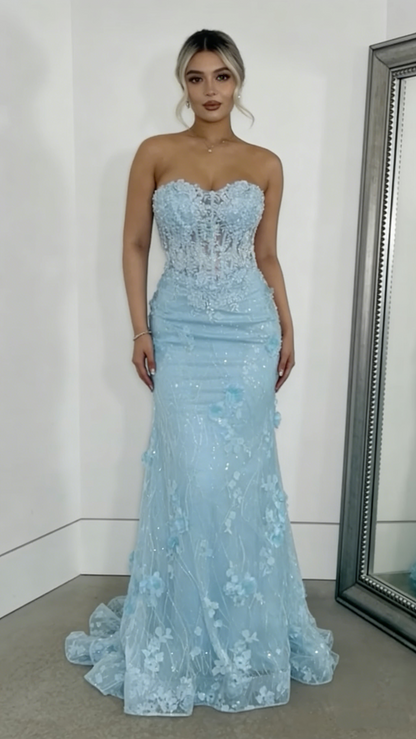 Sparkly Light Blue Mermaid Tulle Appliques Evening Gown Formal Prom Dress Y7871