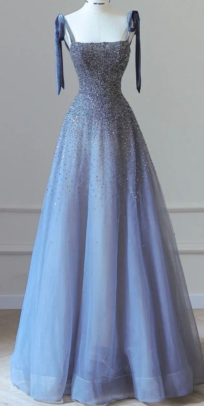 Luxurious Spaghetti-Strap Tulle Beaded A-Line Prom Dress Blue Sparkly Evening Dress Ball Gown Y7628