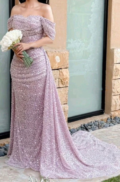 Beautiful Off The Shoulder Wedding Dress Sequin Mermaid Prom Evening Dress Y7630