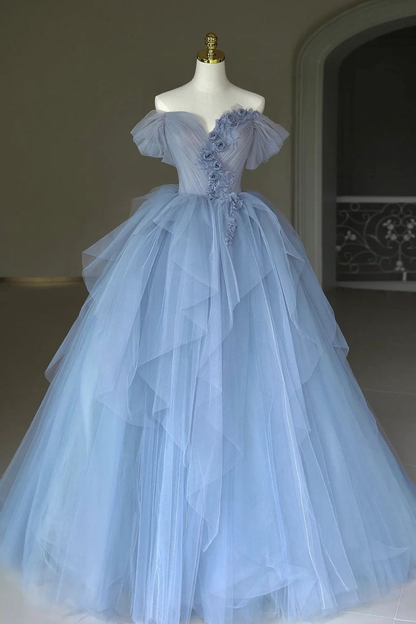 Fairy Tulle Appliques Prom Dress Blue Ball Gown Birthday Dress Y7682