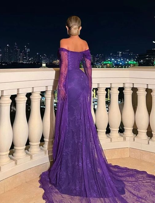 Elegant Off The Shoulder Purple Lace Mermaid Prom Dress Long Evening Dress Y7696