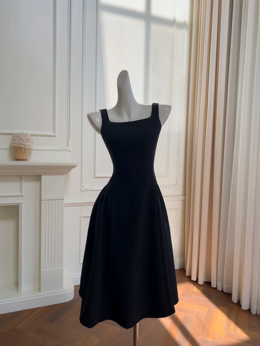 Elegant Black Square Neck Satin Prom Dress,A Line Evening Dress Y8589