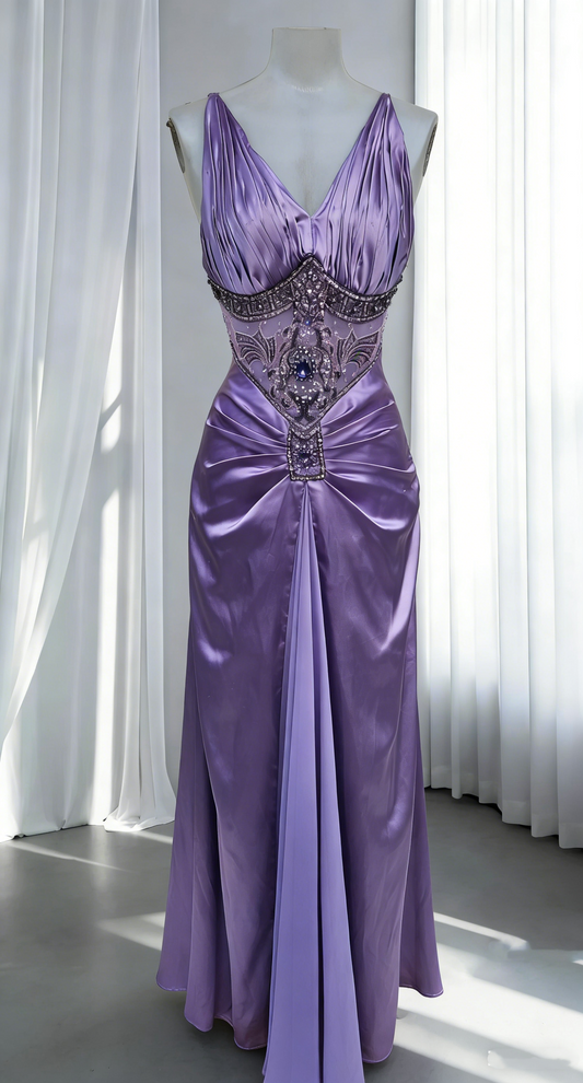 Gorgeous Purple V Neck Satin Pleated Beaded Long Party Dress Birthday Prom Dress SP2073