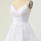V Neck White Lace Short Homecoming Dresses, White Lace Formal Graduation Dresses  Y1873