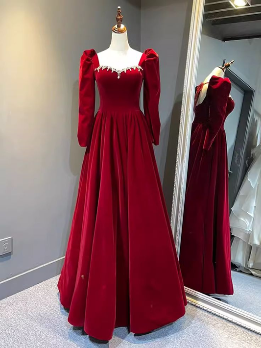 Beautiful A Line Red Velvet Prom Dress Sweatheart Party Dress Brithday Ball Gown Y7588