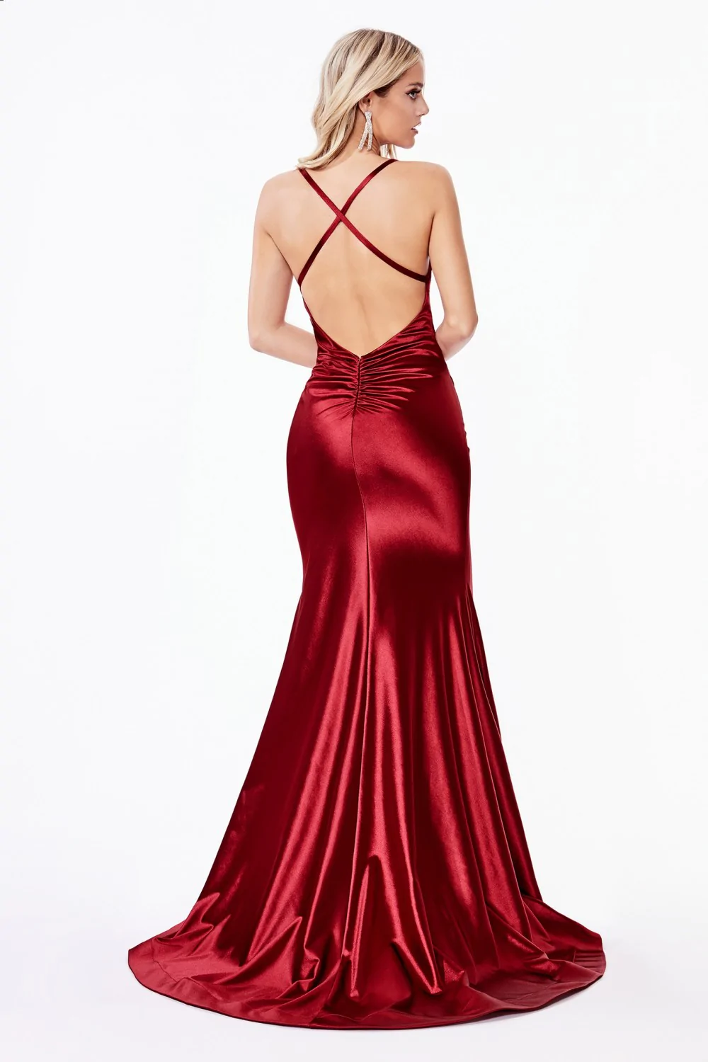 Satin Mermaid Prom Dress with Gathered Ruched Waist & Criss Cross Back Y75
