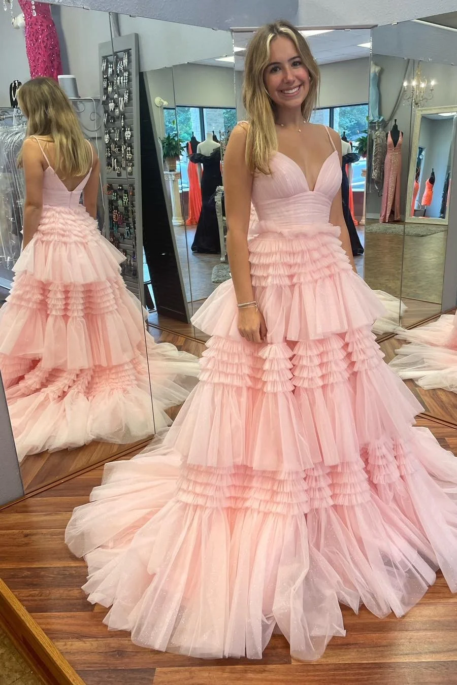 Princess Pink Tiered Layers Tulle Long Formal Gown A-line Prom Dress Y1684