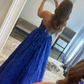 Blue A line tulle sequin long prom dress, blue tulle evening dress Y249