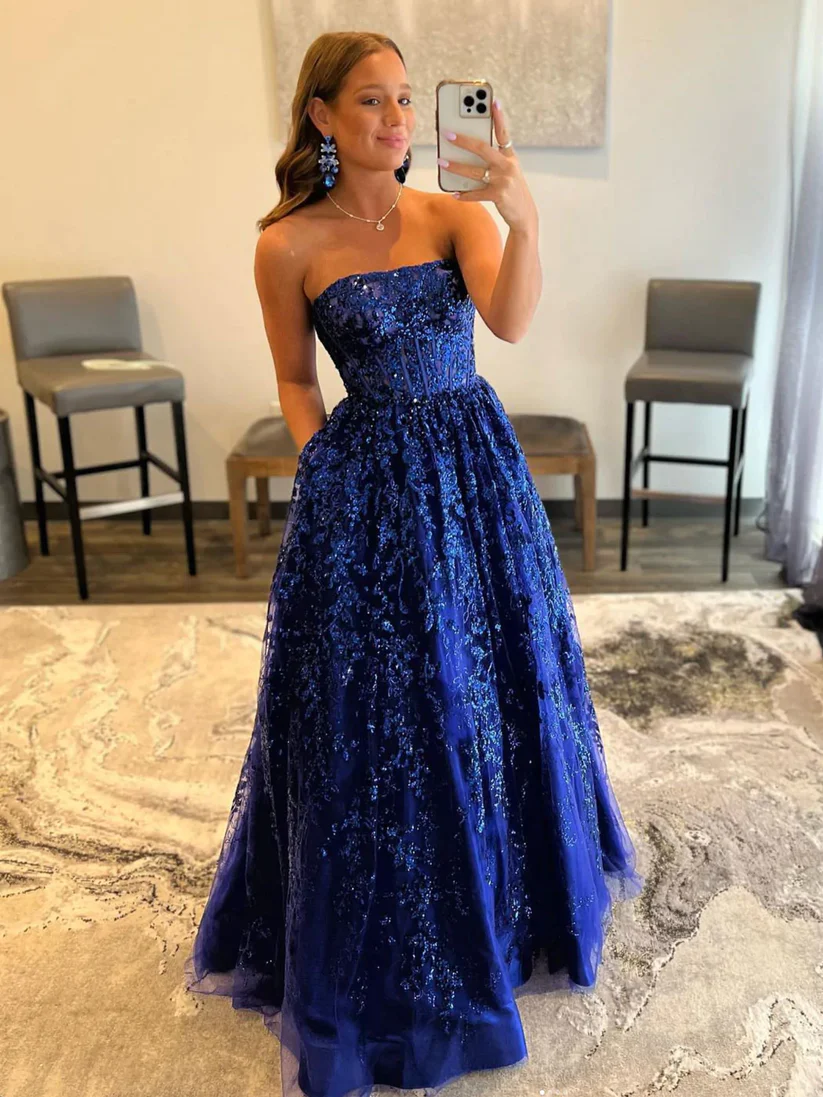 Blue A line tulle sequin long prom dress, blue tulle evening dress Y359