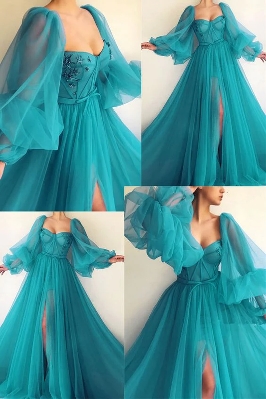 Puff Sleeve Prom Dresses Side Slit A Line Evening Gowns Y514