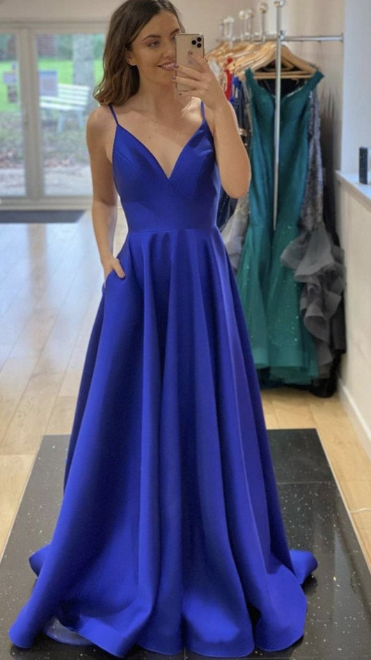 A-line V Neck Royal Blue Satin Evening Dress Graduation Dress Y433