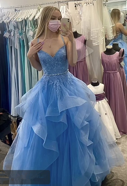Generous A-line Blue Ruffles Prom Dress,Blue Graduation Dress Y1078
