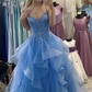Generous A-line Blue Ruffles Prom Dress,Blue Graduation Dress Y1078