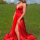 A Line V Neck Red Satin Long Prom Dresses, Red V Neck Long Formal Evening Dresses Y232