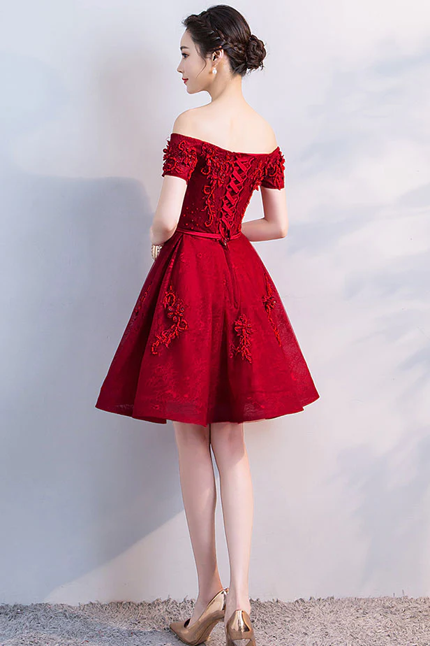 Burgundy tulle lace short homecoming dress Y256