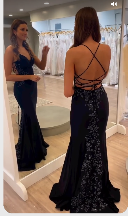 Elegant V Neck Straps Black Evening Dresses Lace-up Back Y1636