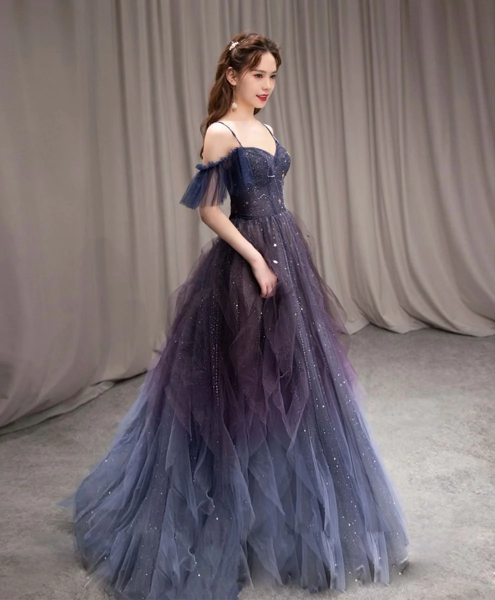 Dark starry sky purple tulle long prom dress A-line evening dress Y924
