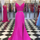 Fuchsia V Neck Two Pieces Mermaid Lace Top Satin Long Prom Dress with Slit, Mermaid Lace Fuchsia Formal Graduation Evening Dresses Y1026