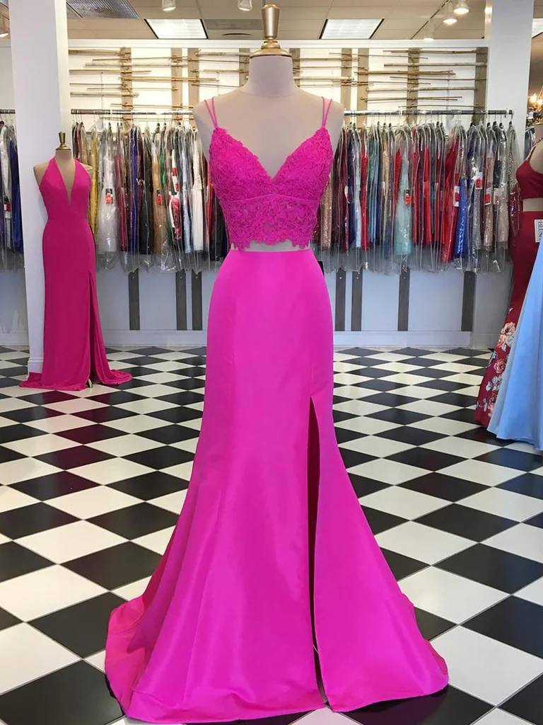 Fuchsia V Neck Two Pieces Mermaid Lace Top Satin Long Prom Dress with Slit, Mermaid Lace Fuchsia Formal Graduation Evening Dresses Y1026