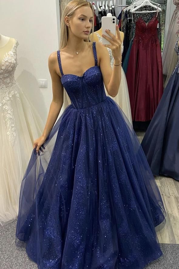 Glitter Blue Tulle Long Prom Dress A-line Evening Gown Y316