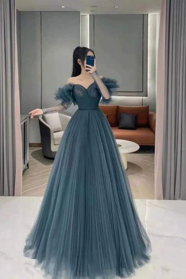 Blue tulle long prom dress A line evening dress Y190