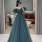 Blue tulle long prom dress A line evening dress Y190