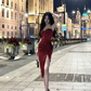 A-line Spaghetti Straps Midi Length Prom Dress With Pleats Y701
