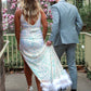 Spaghetti Straps White Sequin Prom Dress Stunning Formal Gown With Feather Bottom Y113