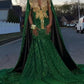 Unique Design Mermaid Green Sequins Prom Dress With Cape  Y116