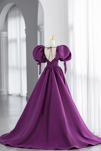 Purple Puff Sleeves Satin Long Prom Dress, V-Neck Evening Dress Y856
