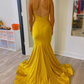 Straps Mermaid Mustard Yellow Pleated Long Prom Dress Y866