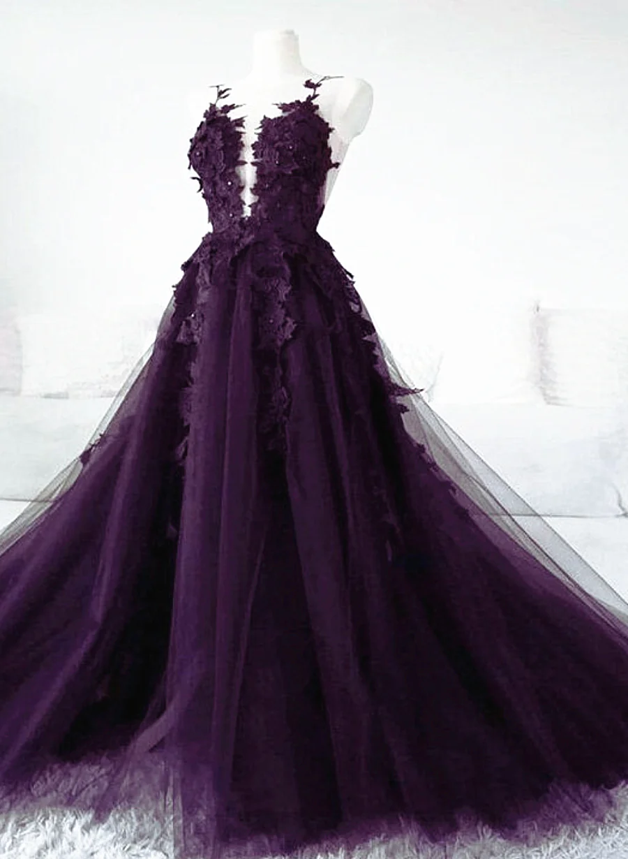 Purple Tulle With Lace Applique Long Prom Dress Purple Formal Dress Y1866