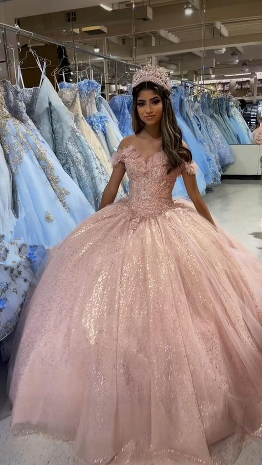 Beautiful Off The Shoulder Blush Pink Quinceanera Dress Glitter Blush Pink Ball Gown Y391