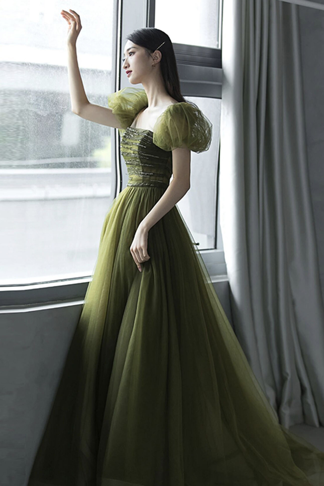 Green tulle long prom dress green evening dress Y623