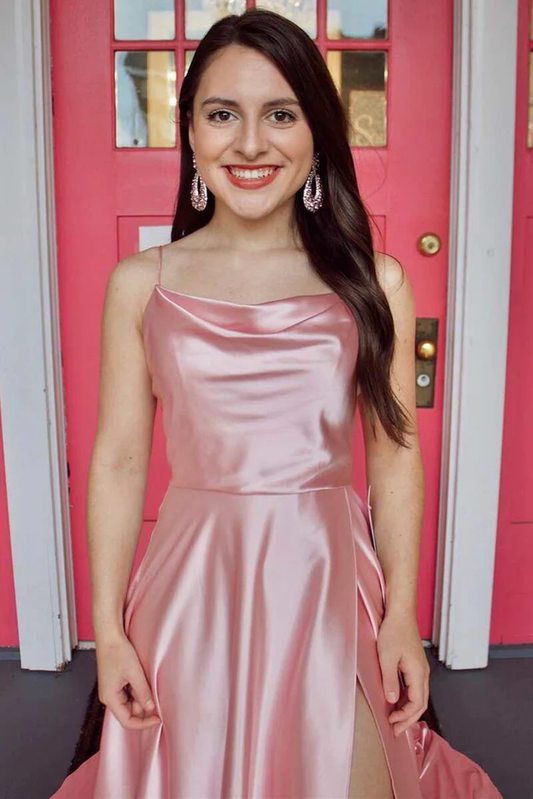 Simple Pink Satin Long Prom Dress with High Slit, Long Pink Formal Graduation Evening Dress Y212